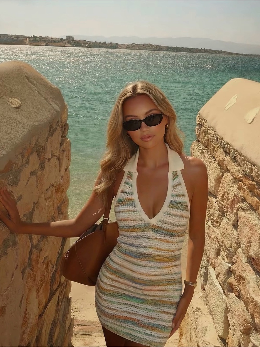 Halter Knit Stripe Swim Cover-Up Dress in Multi-Color
